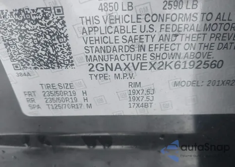 2019 Chevrolet Equinox Lt z USA, uszkodzony, nr VIN 2GNAXVEX2K6192560